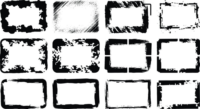 Collection of twelve rectangular grunge frames with distressed textures, splattered edges, brush strokes, scratches, and uneven borders