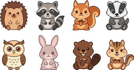 Obraz premium Cute Woodland Forest Animal Cartoon Character Collection Vector Set for Kids Design