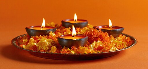 Obraz premium Glowing Indian lamps with marigold petals on orange background celebrating Diwali festival ambiance.