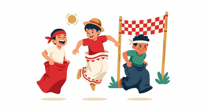 Balap Karung Sack Race Indonesian Independence Day Flat Vector Illustration Isolated on White Merdeka Game