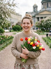 Fototapeta premium Joyful young woman laughing and holding a colorful bouquet of fresh spring tulips in a city park