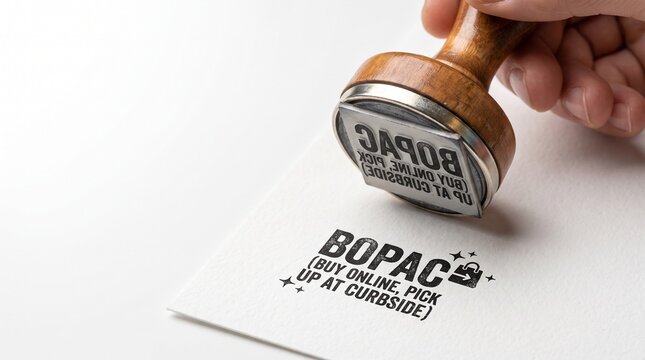 BOPIS and BOPAC retail concept, wooden rubber stamp on white paper, buy online pick up at curbside service for e-commerce and local shopping