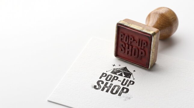 Vintage wooden rubber stamp with Pop-Up Shop text, retail branding concept on white paper, temporary store marketing tool