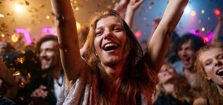 Energetic dancers celebrating under golden confetti and colorful lights in a vibrant nightclub party.