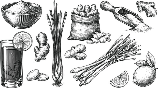 Option 1: Ginger and lemongrass sketch set isolated on white background.Option 2: Hand drawn vector illustration collection of ginger root, lemongrass, lemon, and herbal tea.