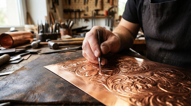 Craftsman Engraving Floral Pattern on Copper Sheet in Workshop