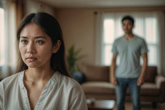 Woman looks upset, eyes filled with sadness. Man stands in the background, appearing confused or concerned. Soft light fills the living room, creating a quiet, intimate setting