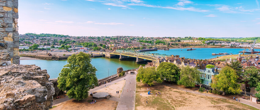 Panoramic view from Rochester Castle over River Medway and Rochester Bridge in Kent UK
