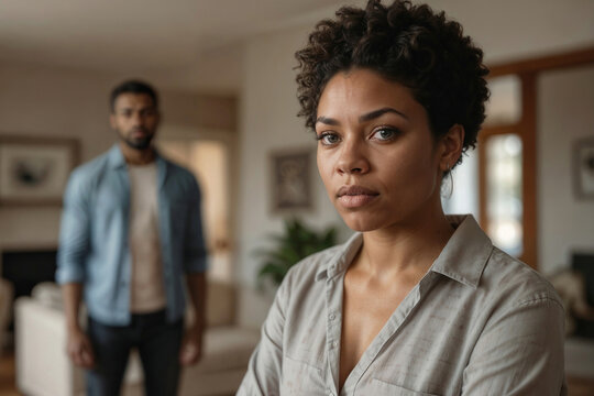 Afro woman stares with serious expression, shoulders tense. Man stands blurred in background, looking concerned. Cozy living room with soft lighting and neutral tones. Emotion suggests tension
