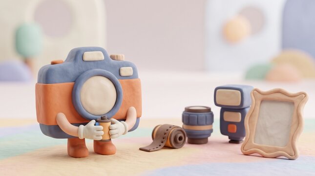 Claymation camera character with photography accessories, whimsical scene for creative projects