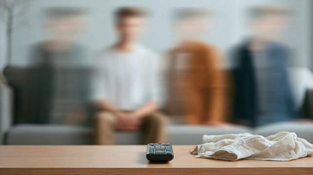 living room with one remote control on the table and three versions of the same person blurred in different outfits