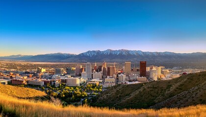 Obraz premium panoramic photo of the salt lake city skyline with mountains in the background the sky is a beautiful clear blue golden hour lighting