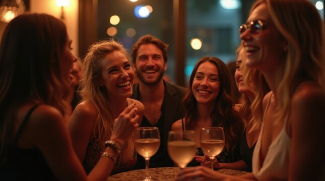 Grupo de amigos elegantes riendo juntos en un sofisticado bar de c&oacute;cteles
