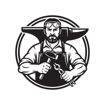 Black and white blacksmith mascot logo illustration.
