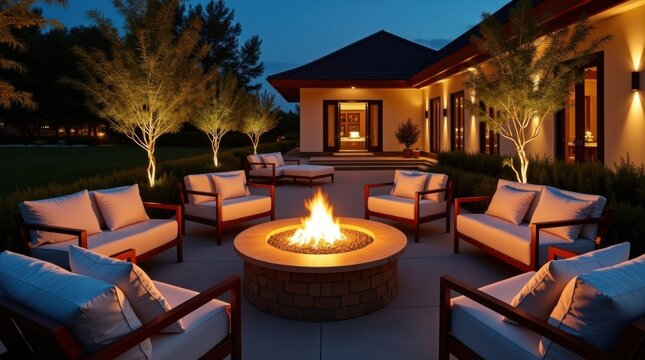 Zona de descanso moderna con hoguera al aire libre por la noche, asientos c&oacute;modos y ambiente de resort de lujo