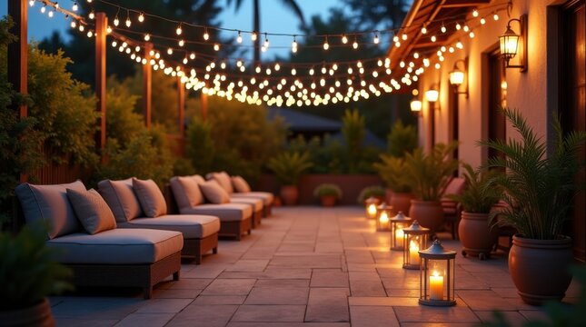 Terraza de c&oacute;cteles al aire libre iluminada con guirnaldas de luces y farolillos, con asientos c&oacute;modos y plantas tropicales