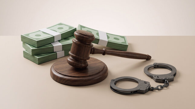 3D illustration of a wooden judge gavel, metal handcuffs, and stacks of cash on a beige background. Concept of law, justice, bribery, and International Anti-Corruption Day.
