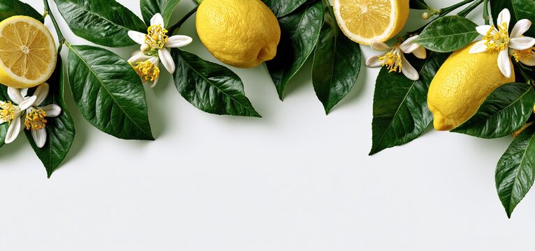 Lush green leaves and lemon blossoms frame ripe citrus fruits on a bright, clean background ideal for summer marketing.