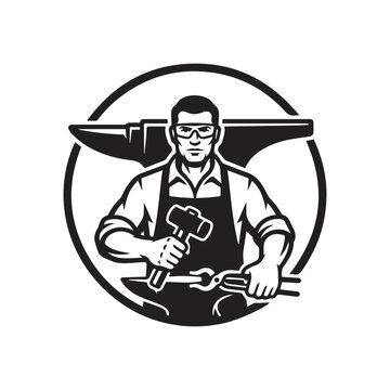 Blacksmith working at anvil vintage mascot emblem.