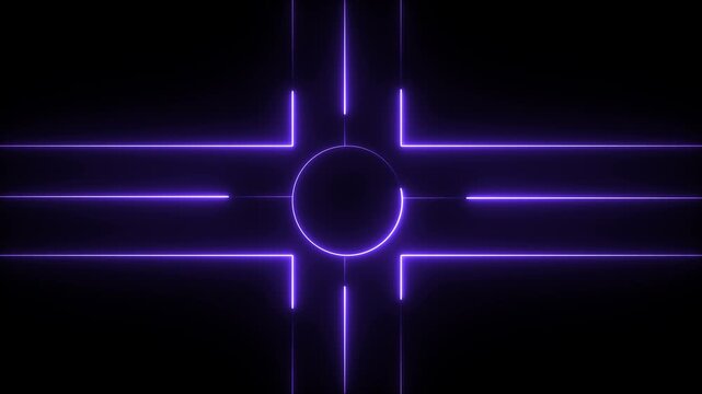 Neon light lines forming a circular shape with cross pattern in dark background