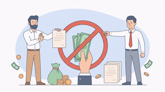Flat vector illustration depicting the concept of International Anti-Corruption Day. Two businessmen are shown; one refuses a document while making a stop gesture