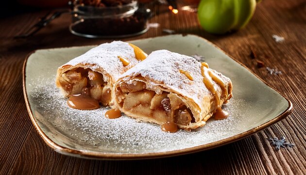 delicious apple strudel with raisins caramel sauce and powdered sugar served on a plate