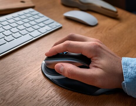 a hand rests on a specialized adaptive mouse device designed for accessibility aiding individuals with limited mobility the workspace features a computer keyboard and wooden desk