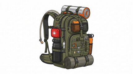 Fototapeta premium Tactical Olive Green Hiking Backpack with Survival Gear and First Aid Kit.