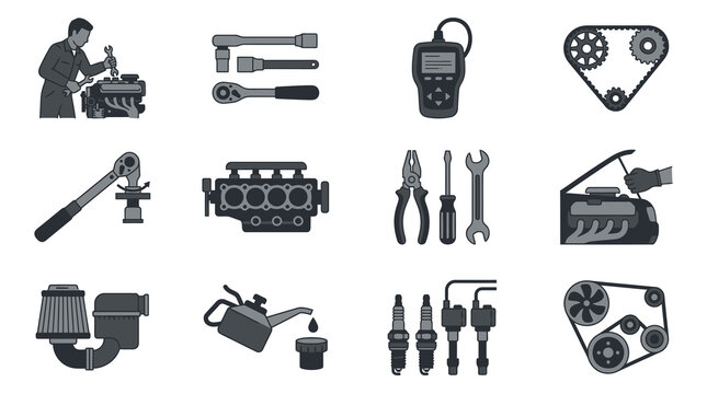 Automotive mechanic tools and engine parts icons.