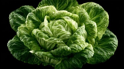Obraz premium Fresh green cabbage with detailed leaf texture and vibrant color, isolated on black background for culinary and agricultural themes