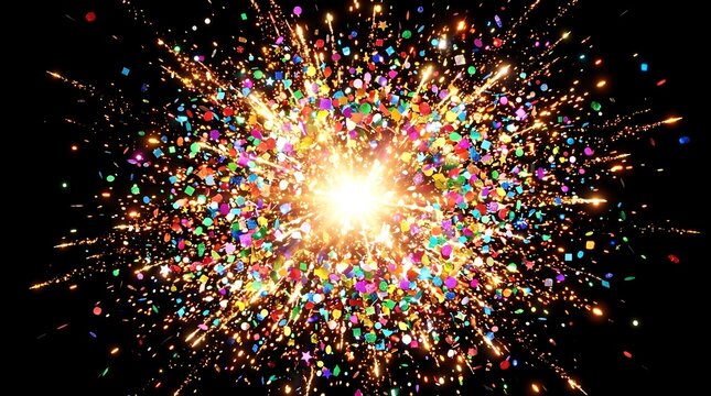 Multicolored Rainbow Confetti Spark Burst with Glowing Particle Explosion