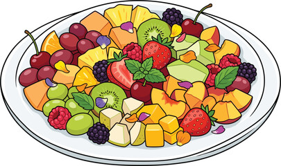 Colorful fresh fruit salad arranged on a plate with berries kiwi grapes pineapple and mixed tropical fruits