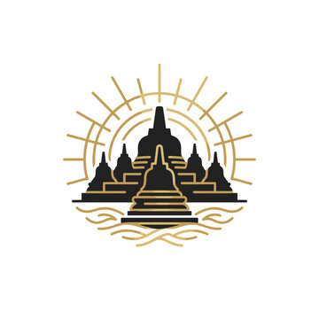 Stylized Borobudur temple over water with golden sun rays.