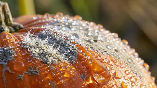 Mold grows on dew-covered pumpkin. Orange rind glistens with morning droplets. Fungal spots spread across the pumpkin's surface. Sunlight highlights the texture of wet, decaying fruit