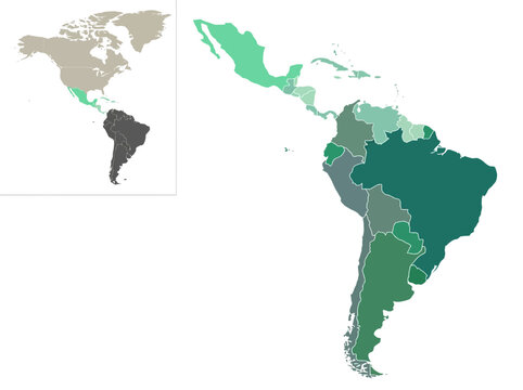 Latin America and South America Political Map Vector with Green Countries