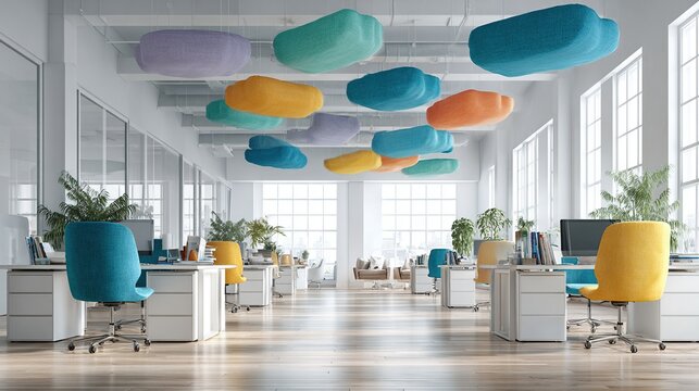 modern office where only chairs are floating near the ceiling, everything else normal