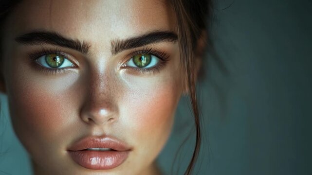 Stunning close-up of a beautiful woman with captivating green eyes and flawless skin showcasing beauty in detail. Explore beauty and portrait photography. Generative AI