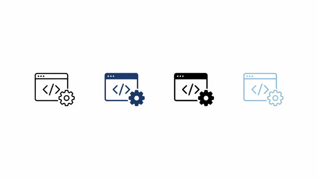 Set of four web development icons featuring browser windows with code symbols and gear settings icons in various minimalist graphic design styles isolated