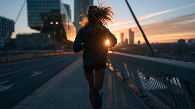 Woman Running Across Urban Bridge at Sunrise