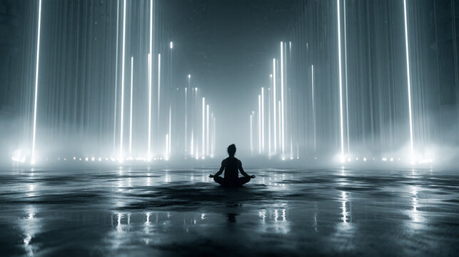 Person Meditating in Futuristic Neon Corridor