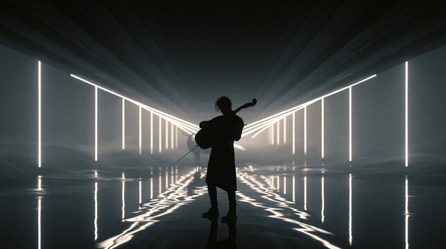 Musician Playing Cello in Futuristic Neon Corridor