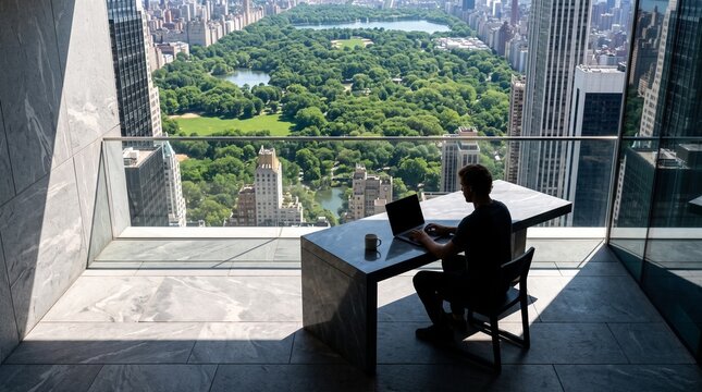 Remote Worker with Laptop Overlooking Central Park