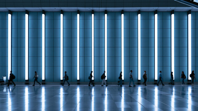 Commuters Walking Through Modern Corporate Building Hallway
