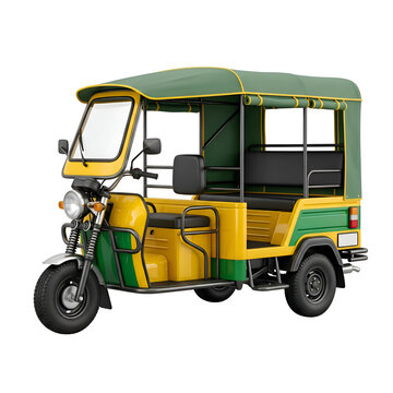Yellow and green auto rickshaw tuk tuk isolated on white background 3D render traditional Asian public transport vehicle