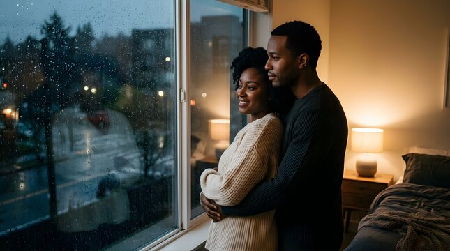 Happy couple embracing by the window looking at rainy evening outside