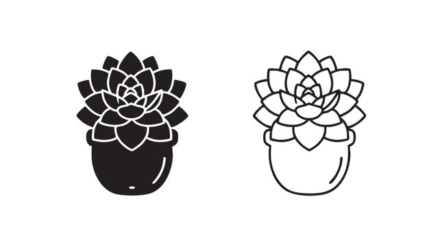 succulent vector silhouette with line art pair icon featuring plant, pot, black