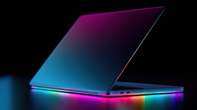 Sleek modern laptop with vibrant neon gradient lighting in a dark studio setting
