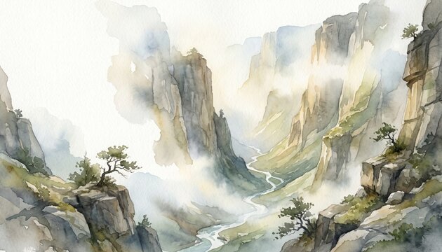 Hand Painted Watercolor Emerald Canyon Landscape with Ancient Cliffs and Morning Mist