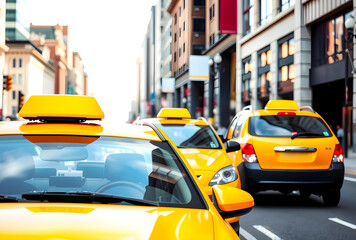 Fototapeta premium Three yellow taxis driving on busy city street