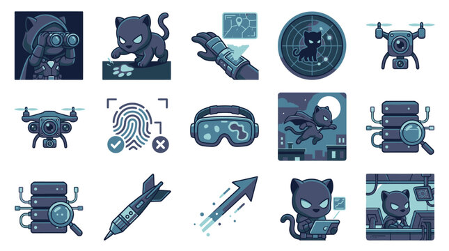 Black panther hacker and cyber security technology icon set.